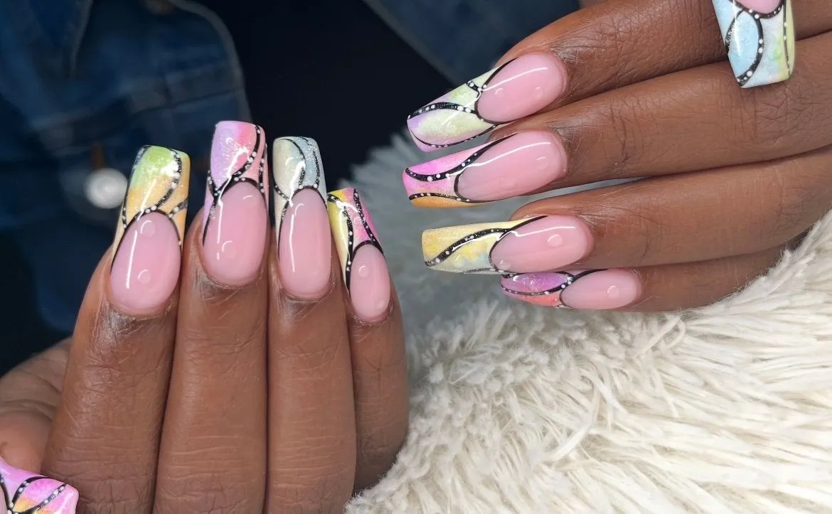 HND Academy nail set with pink, pastel, and silver detailed nail art